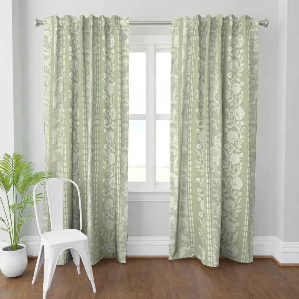 Floral Linocut Block Curtain Panel - Green product