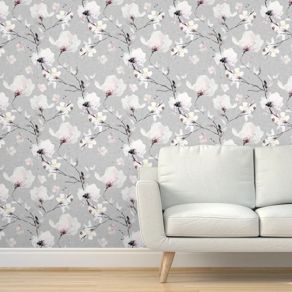 Floral Magnolias Peel and Stick Wallpaper - White, Fabric product