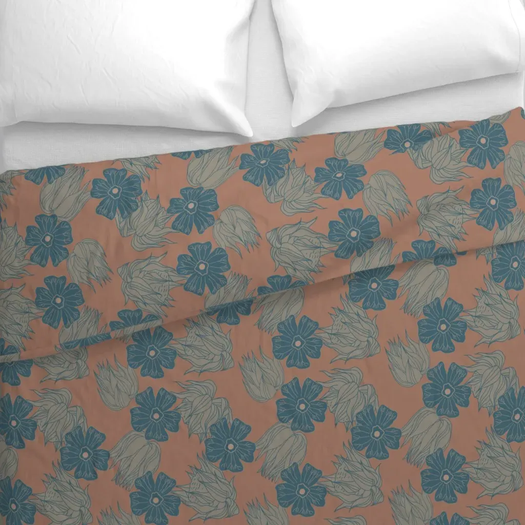 Floral Mocha Mousse Duvet Cover - Dusty Blue alternate view