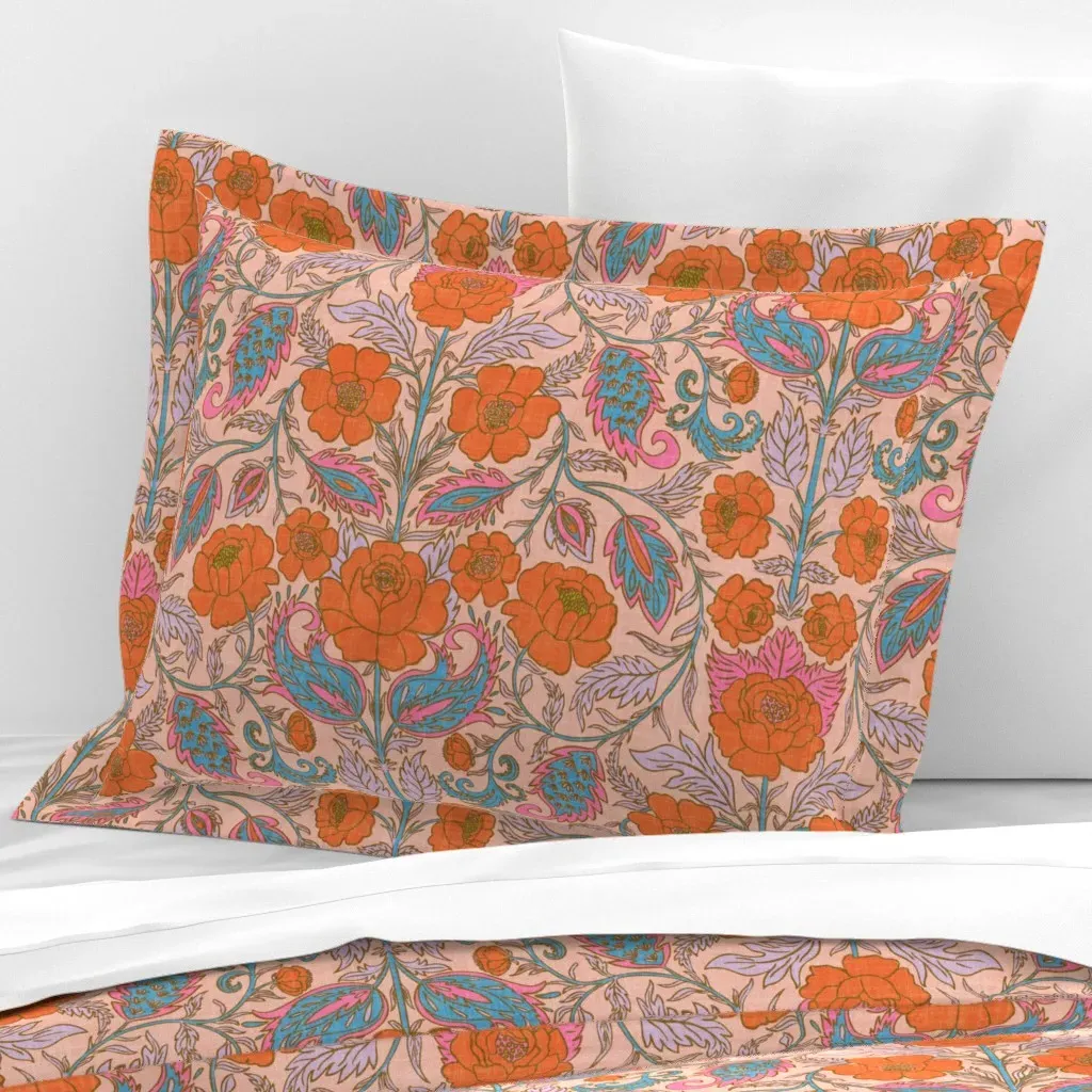 Floral Paisley Block Print Standard Flanged Cushion - Orange, Cotton Sateen product