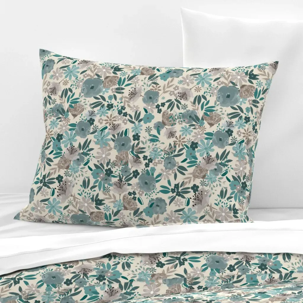 Floral Pattern Night Swim Standard Knife Edge Cushion - Teal, Cotton product