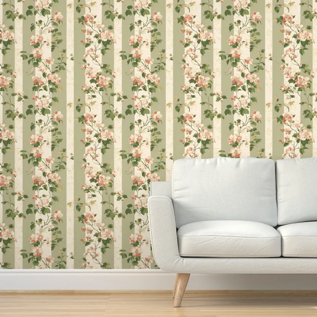 Floral Stripe Botanical Vines Peel and Stick Wallpaper - Sage Green product
