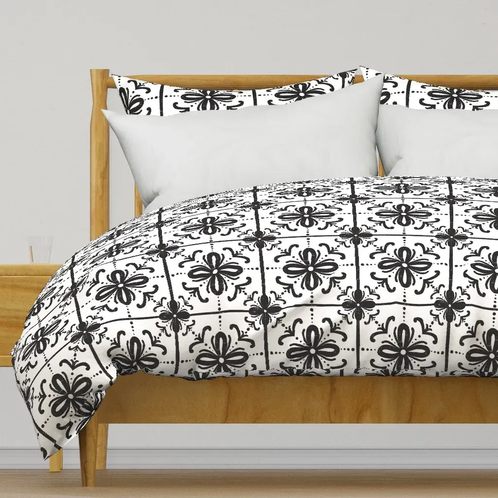 Floral Tile Duvet Cover - Black, White product