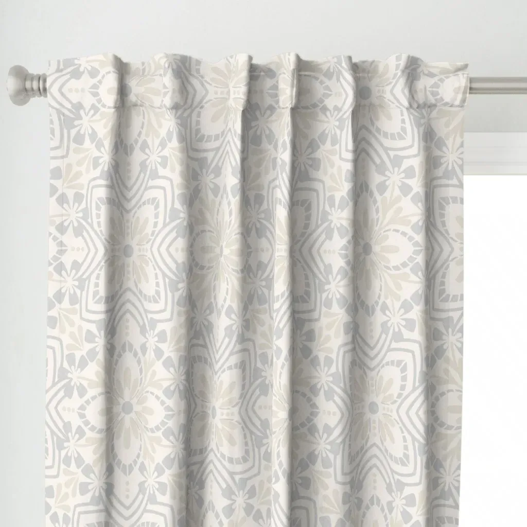 Floral Tiles Grey Curtain Panel - Light Beige alternate view