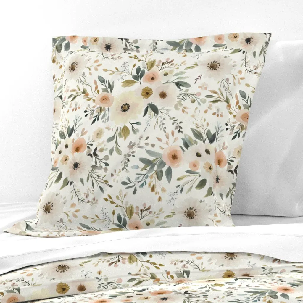 Floral Watercolor Soft Blooms Boho Euro Pillow Sham - Off-White product