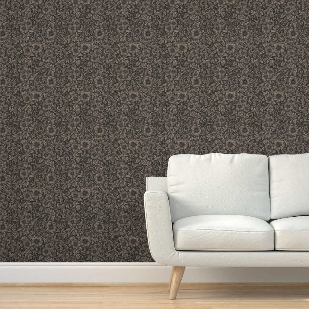 Floral Western Carved Faux Leather Peel & Stick Wallpaper - Black Brown product