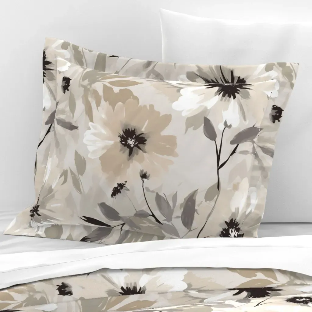 Floral Wide Cotton Sateen Standard Flanged Pillowcase - Beige product