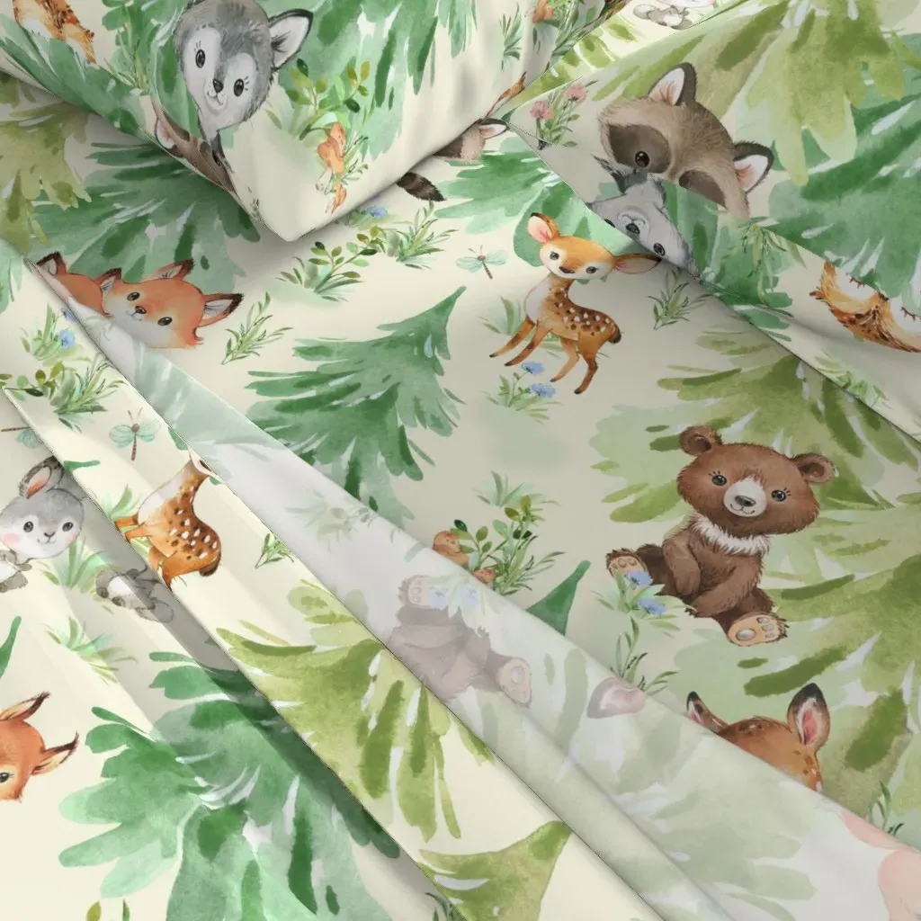 Floral Woodland Forest Animals Watercolor XL Full Sheet Set - Green alternate view