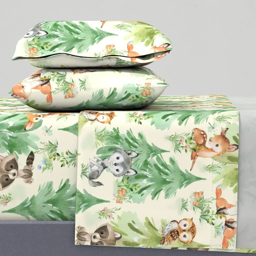 Floral Woodland Forest Animals Watercolor XL Full Sheet Set - Green product