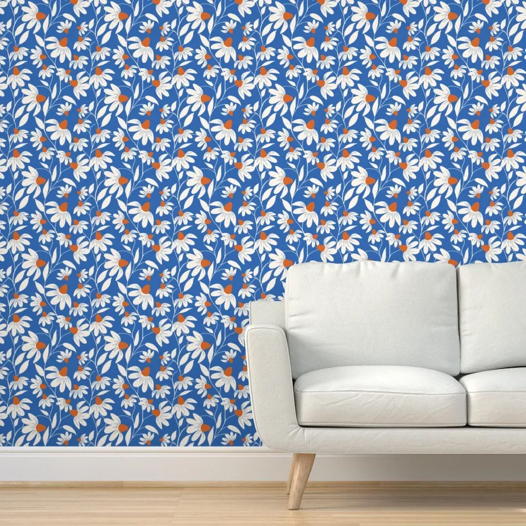 Floriography White Coneflower Peel and Stick Wallpaper - Cobalt Blue product
