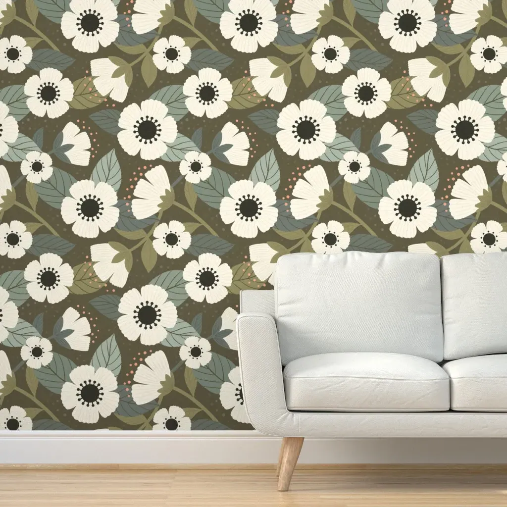 Flower Blossoms and Leaves Peel and Stick Wallpaper - Olive Green product