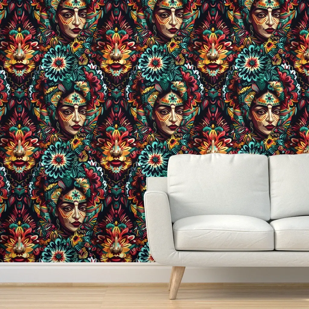Flower Faces Frida Inca Mayan Aztec Peel and Stick Wallpaper - Teal product