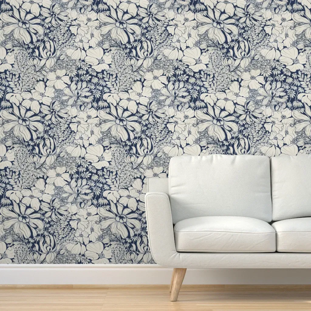 Flower Flow Large Peel and Stick Wallpaper - Navy, Ecru product
