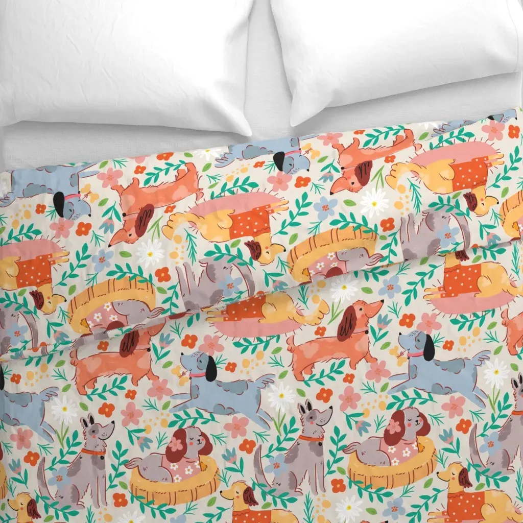 Flower Garden Dogs Large Scale Duvet Cover - Beige alternate view