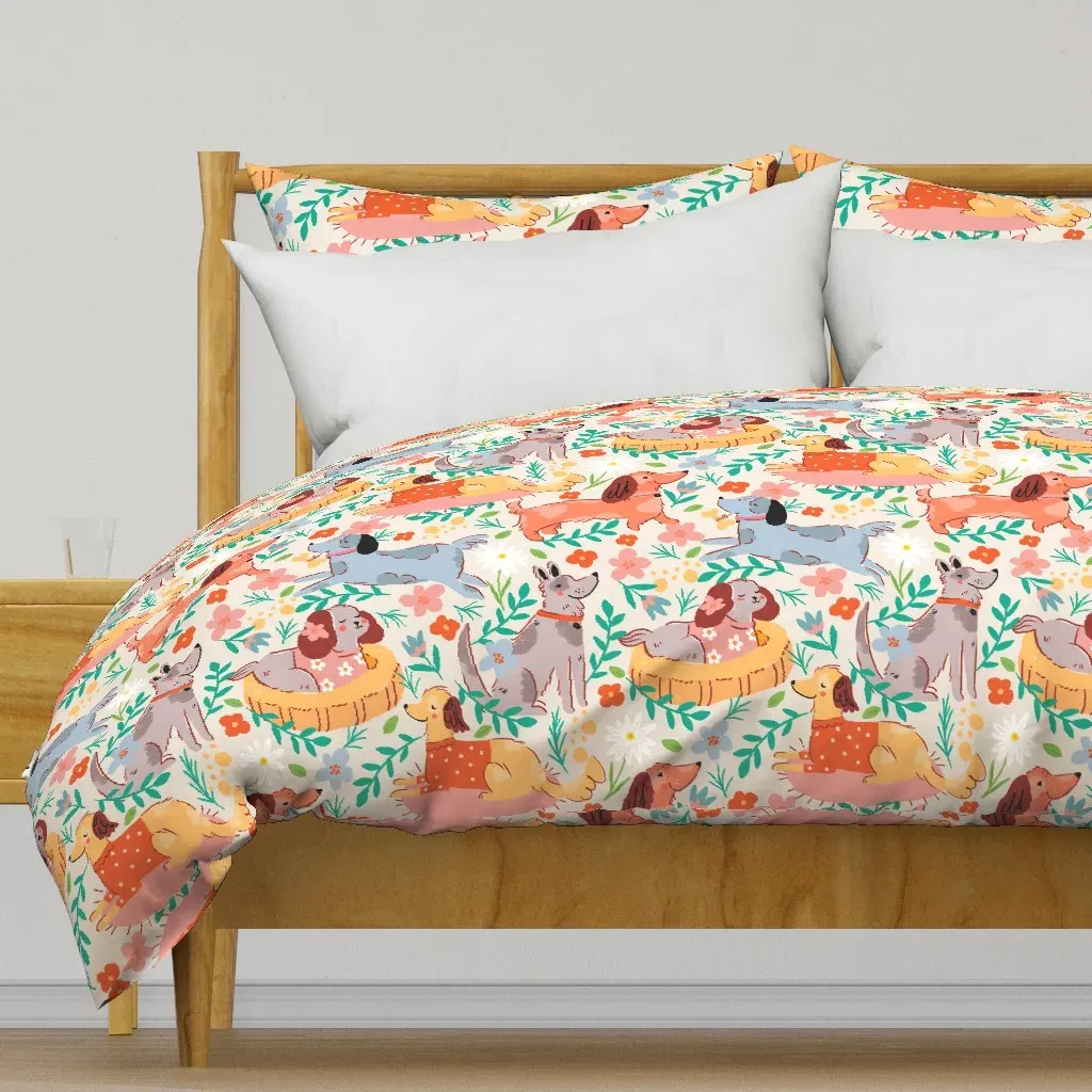 Flower Garden Dogs Large Scale Duvet Cover - Beige product