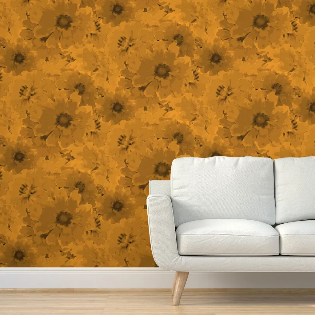 Flower Ocean Halfdrop Monochrome Peel and Stick Wallpaper - Golden Brown product