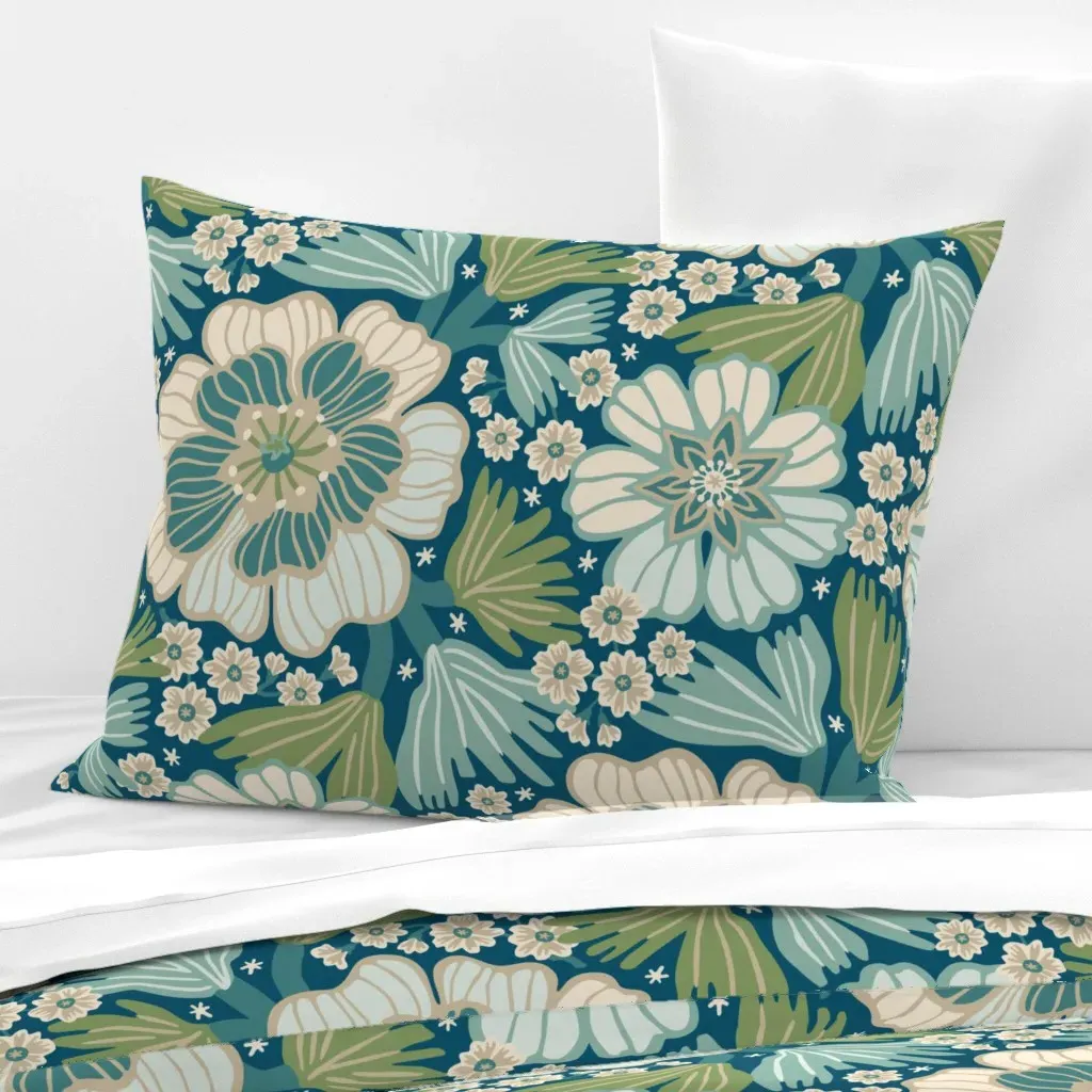 Flower Power Teal Green Standard Knife Edge Cushion - Beige, Cotton Sateen product
