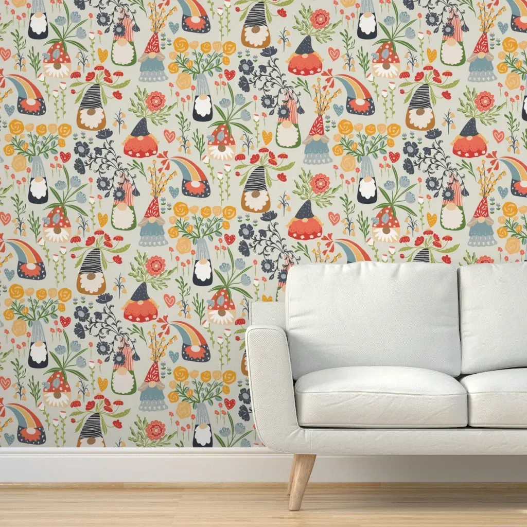 Flowers and Gnomes Peel and Stick Wallpaper - Light Grey-Beige product