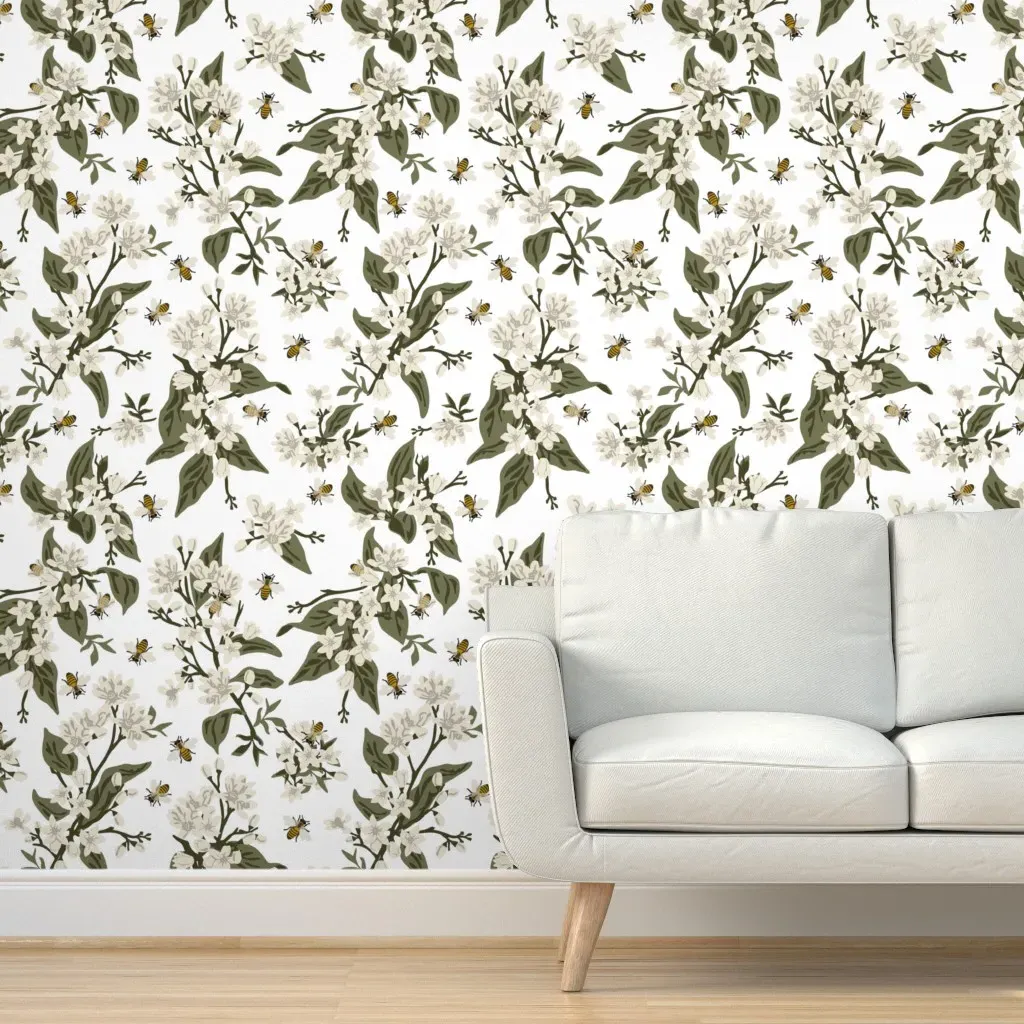 Flowers and Honey Bees Peel and Stick Wallpaper - White product