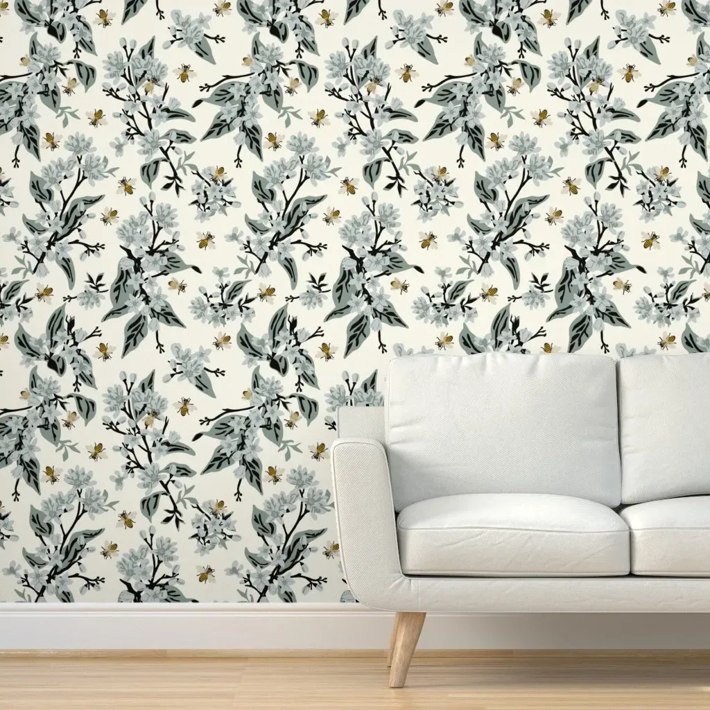 Flowers & Bees Peel and Stick Wallpaper - Blue, Cream product