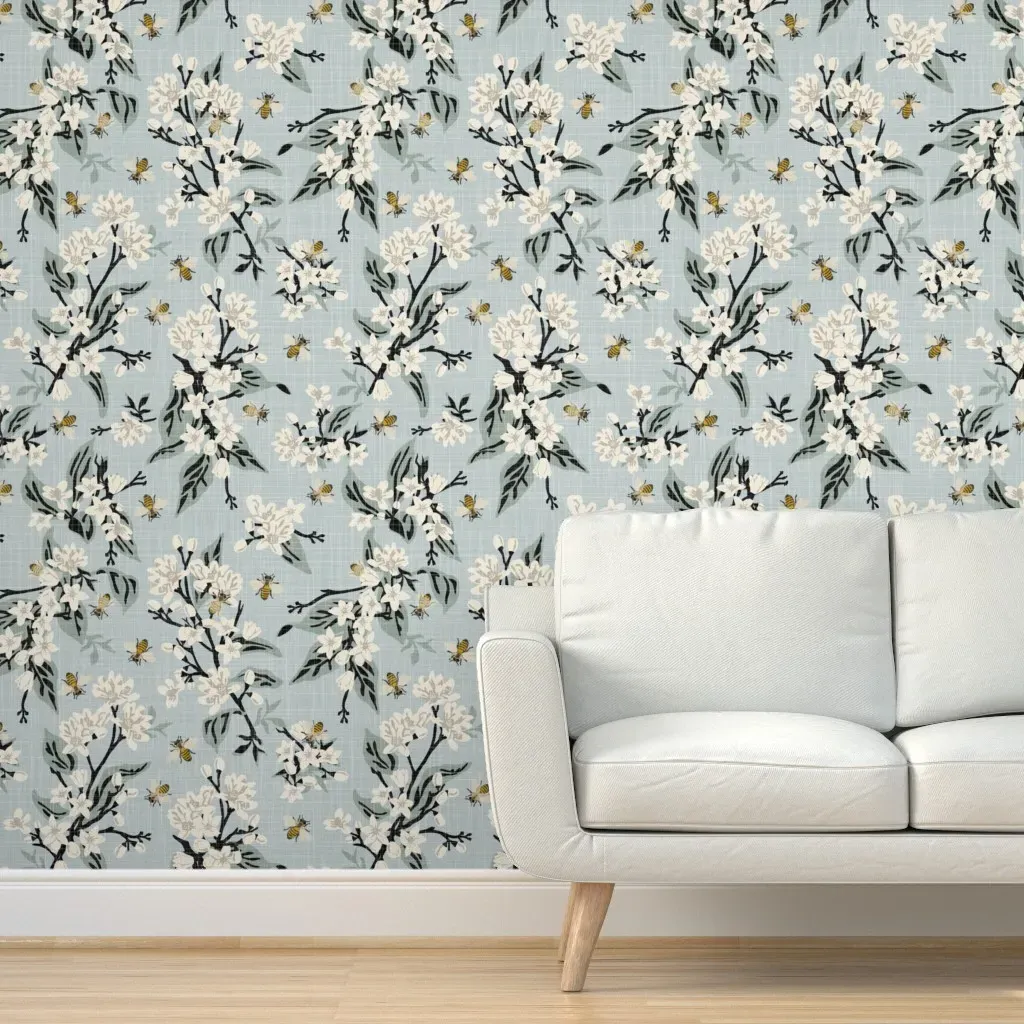 Flowers & Bees Peel and Stick Wallpaper - Blue, Linen product