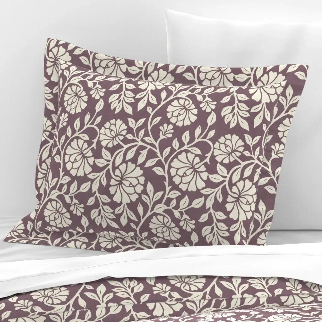 Flowers Block Print Indian Style Standard Flanged Cushion Cover - Dusk Mauve, Cotton Sateen product