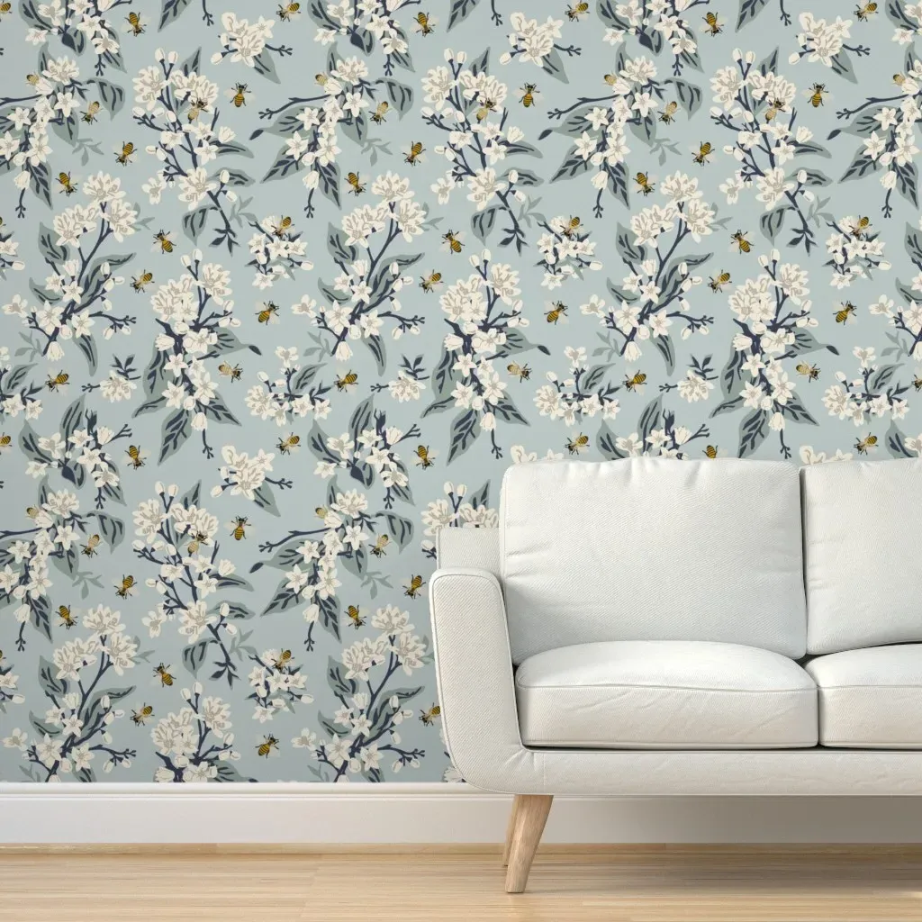 Flowers & Honey Bees Peel and Stick Wallpaper - Blue product