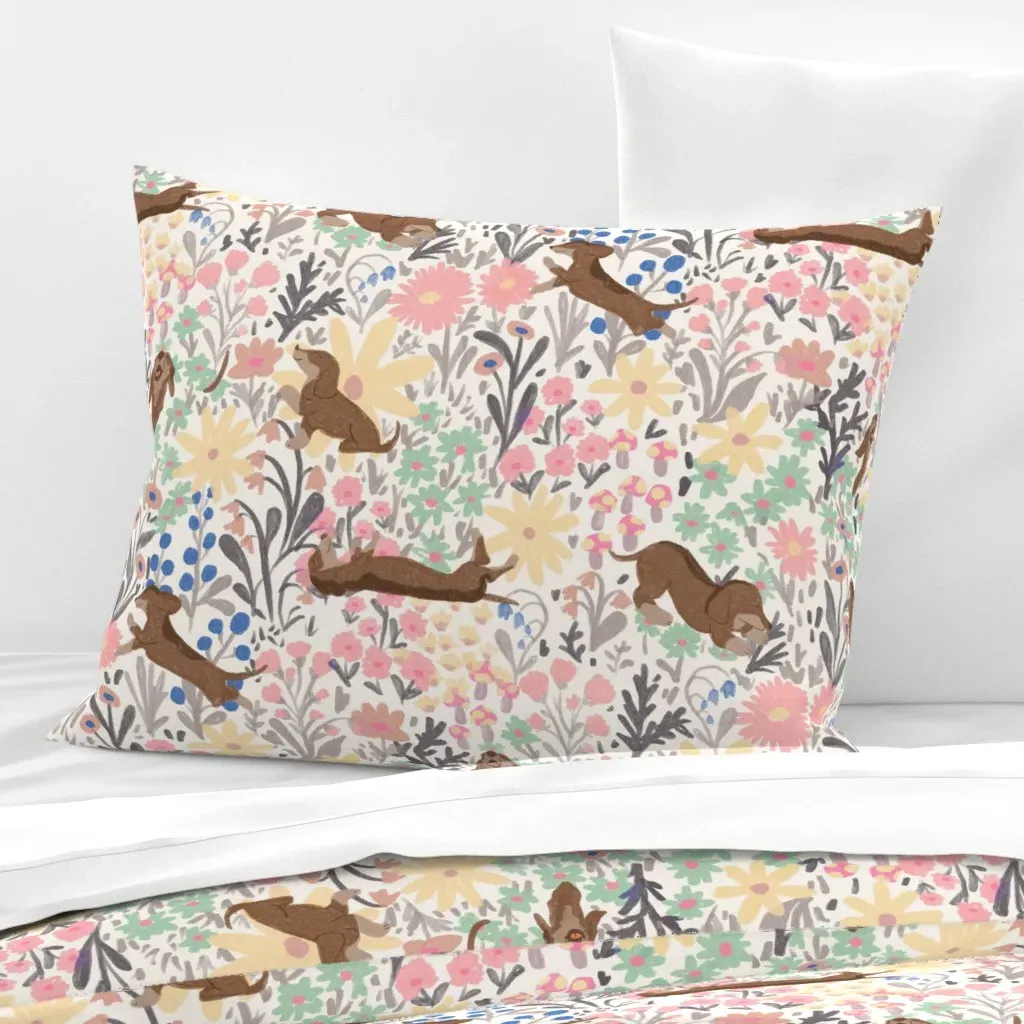 Flowery Dachshund Standard Knife Edge Cushion - Off-White, Cotton Sateen product