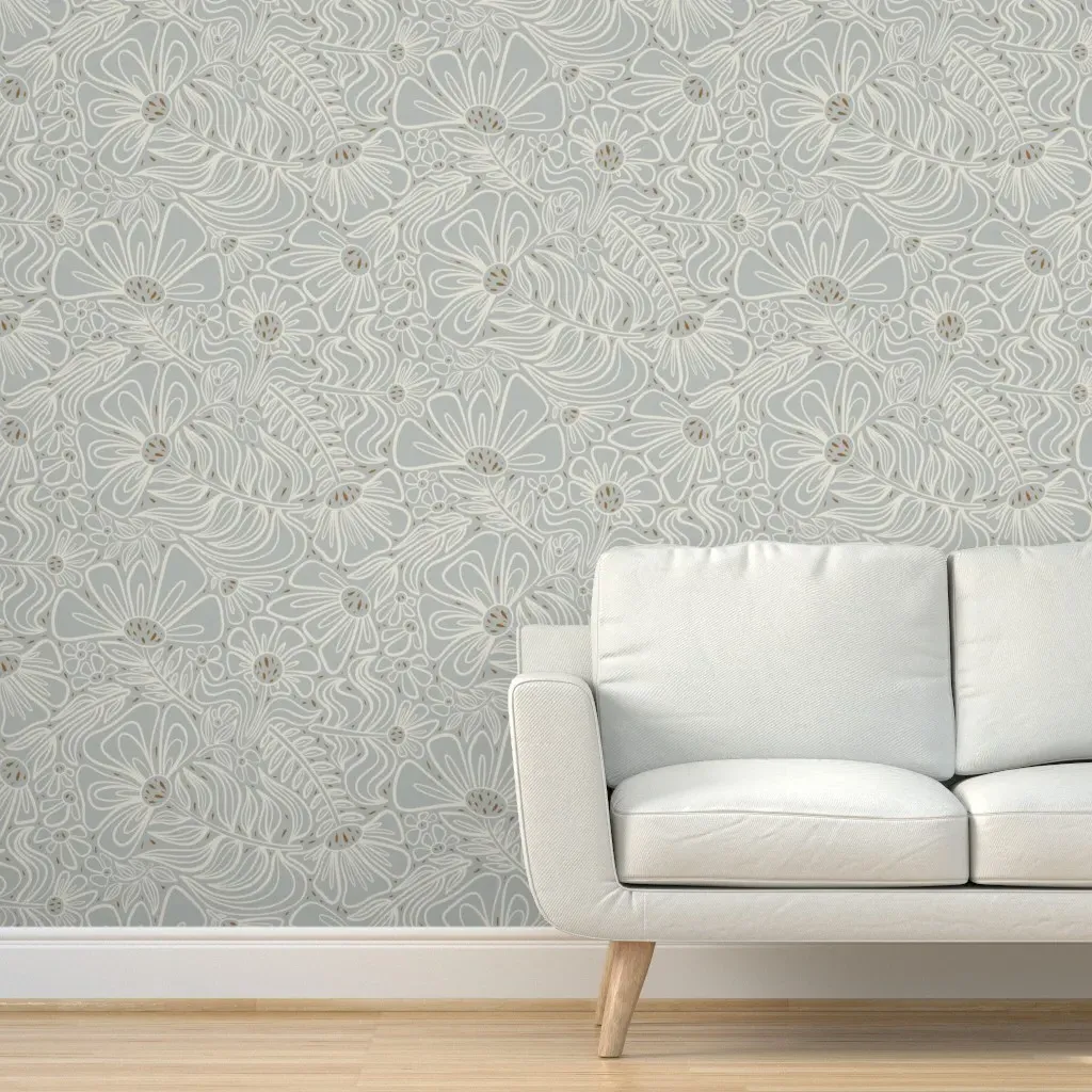 Flowing Lines Boho Floral Peel and Stick Wallpaper - Light Grey Blue and Dark Gold product