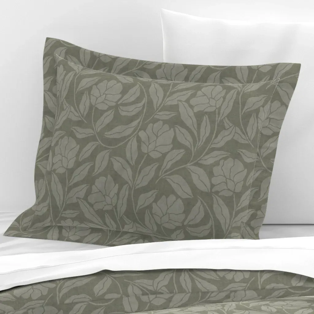 Flowing Sage Block Print Floral Standard Flanged Pillow Sham - Gray, Cotton Sateen product