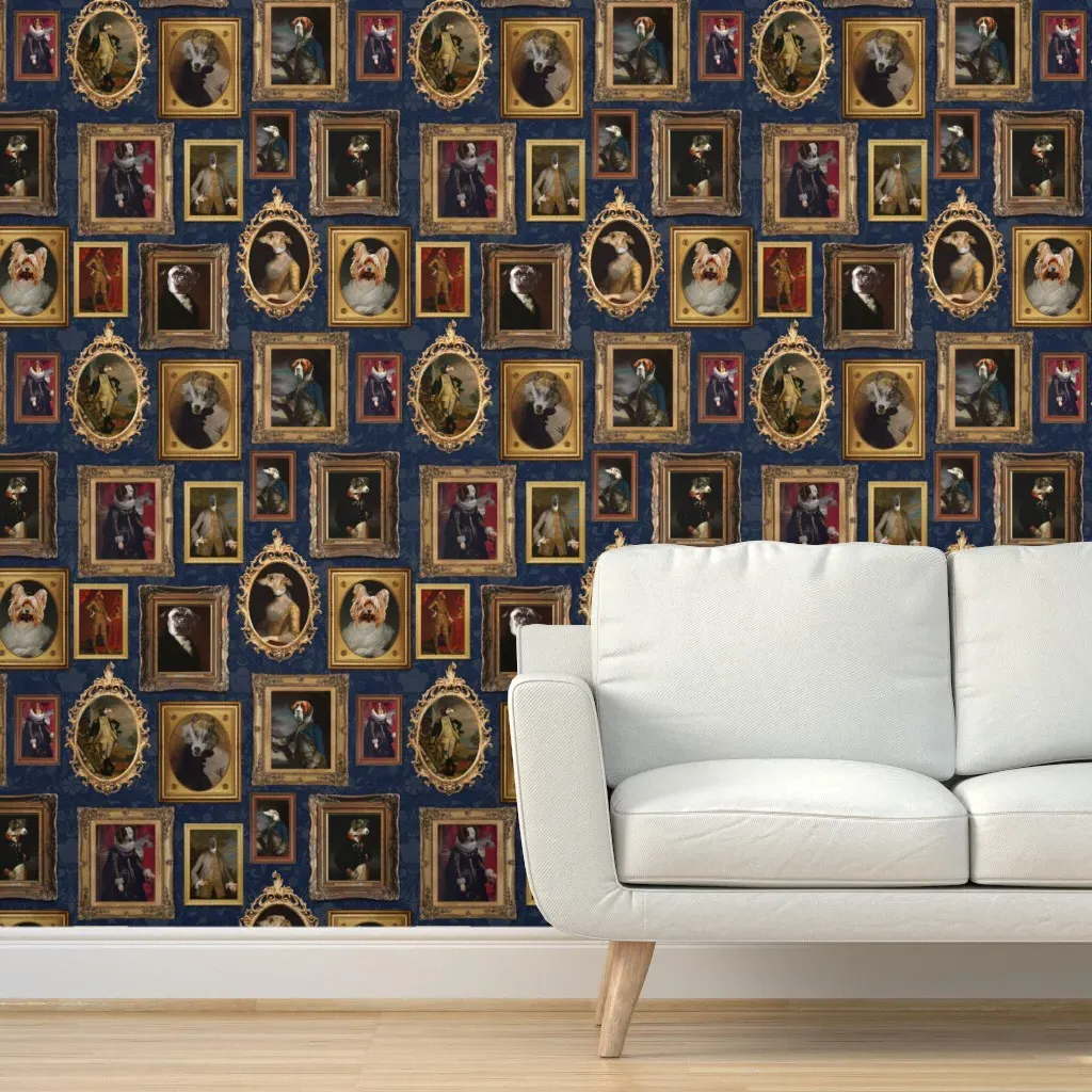 Fluffy Dog Breeds Museum Portraits Peel and Stick Wallpaper - Gold product