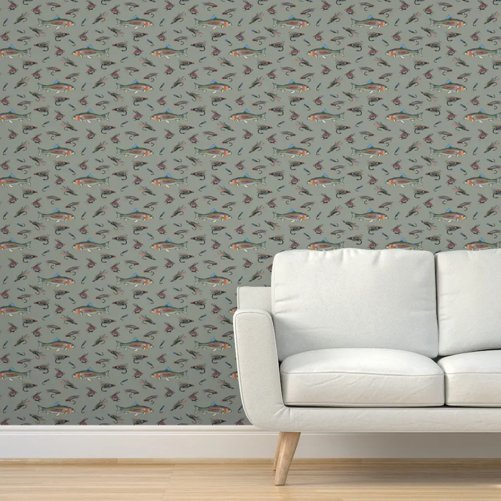 Fly Fishing Peel and Stick Wallpaper - Sage Green product