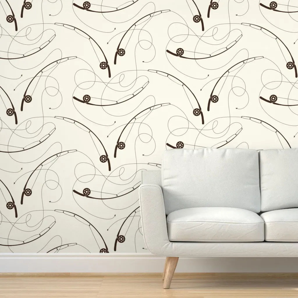Fly Fishing Rods Peel and Stick Wallpaper - Dark Brown, Cream product