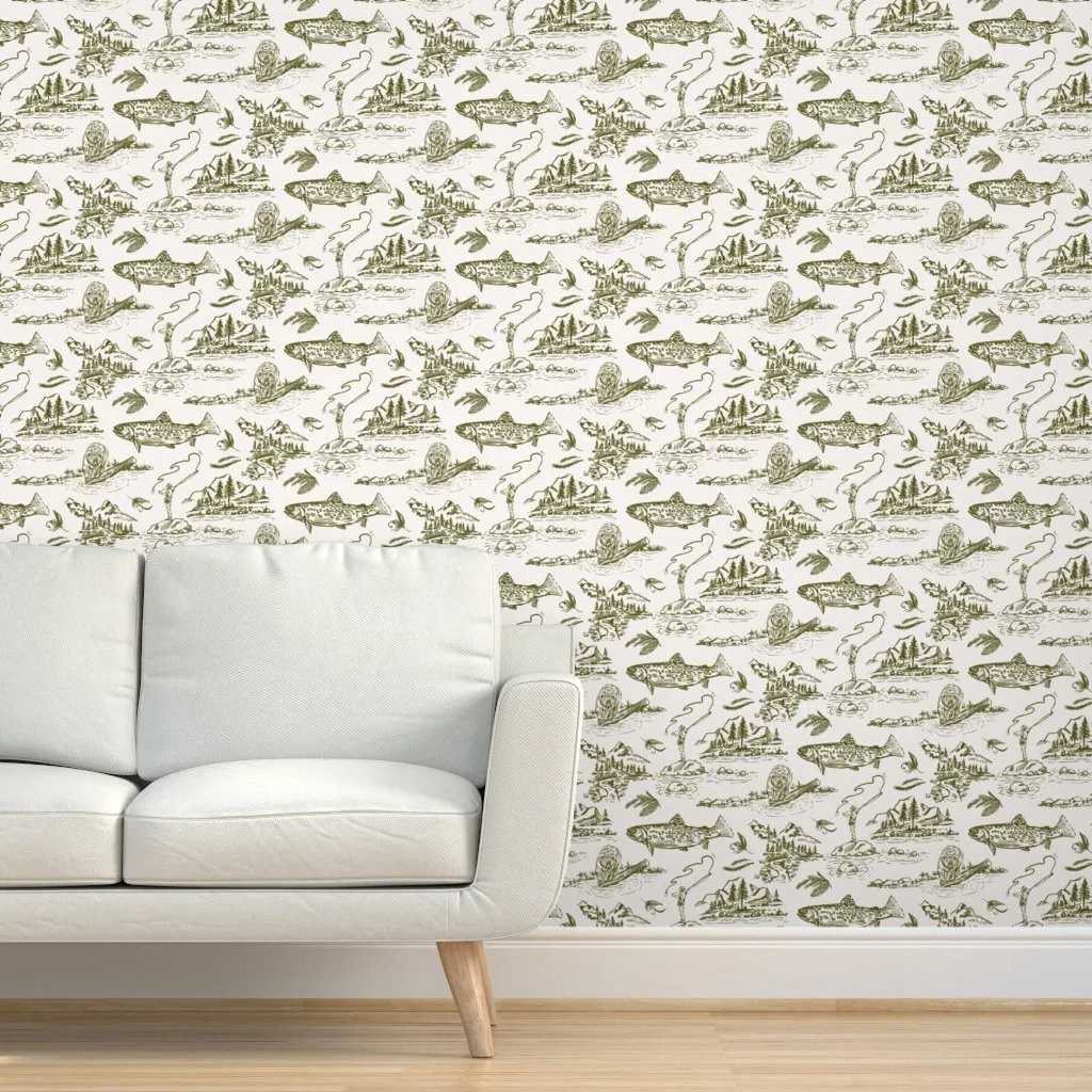 Fly Fishing With Bear In Forest Peel and Stick Wallpaper - Olive Green product
