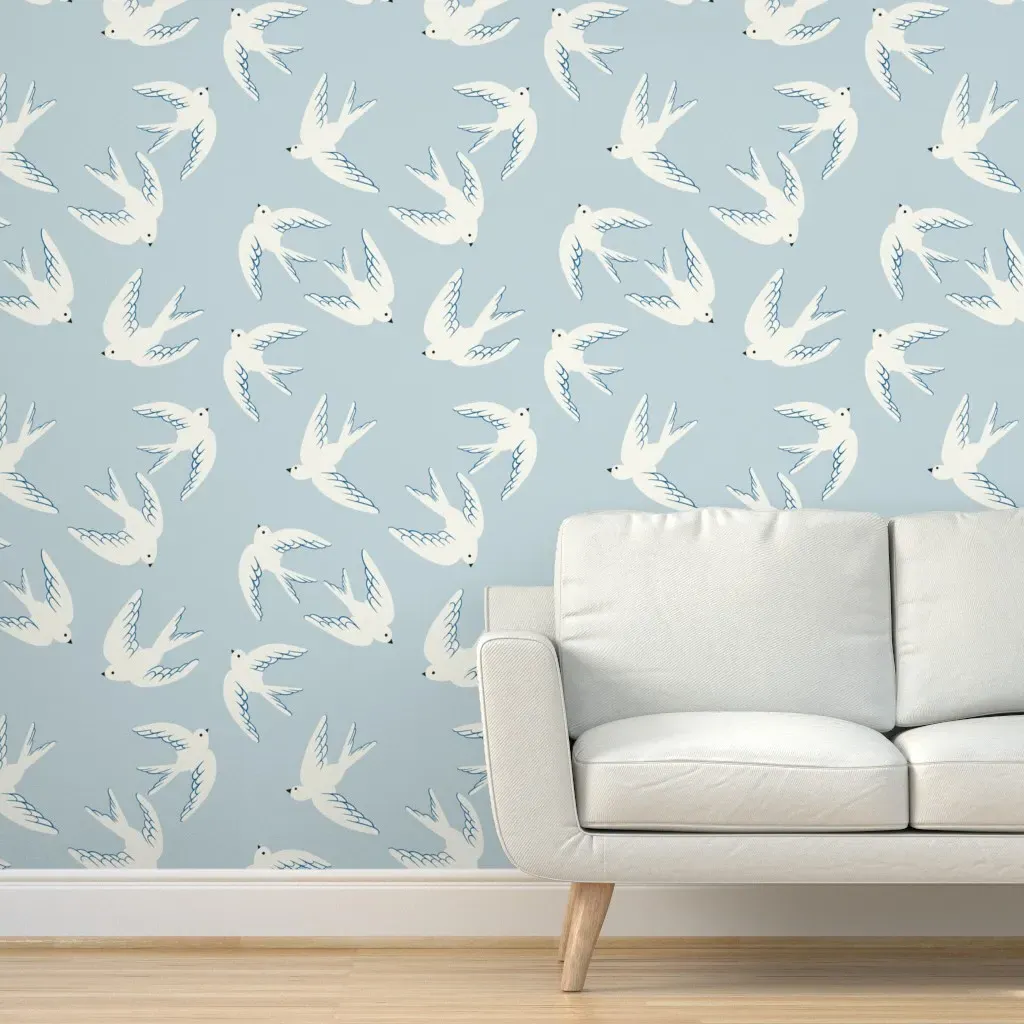 Flying Birds Medium Scale Peel and Stick Wallpaper - Dusty Blue product
