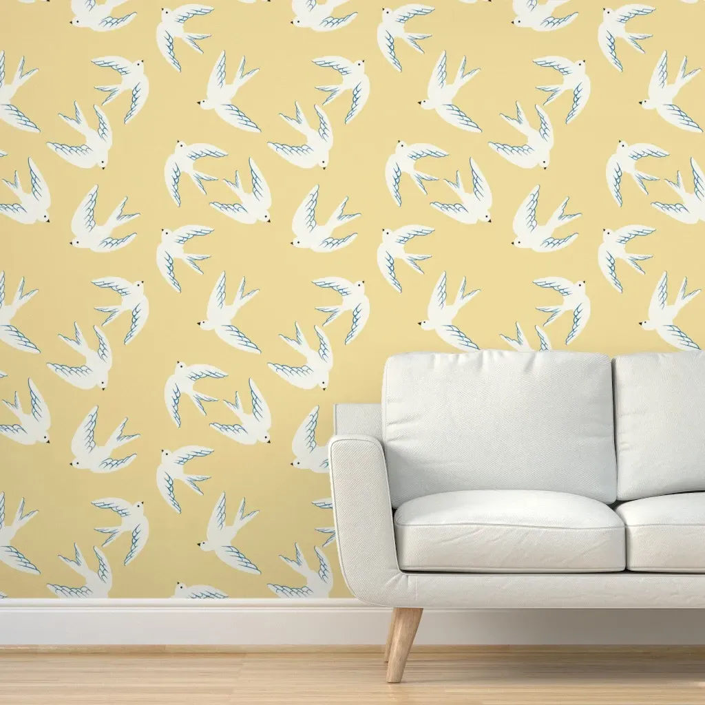 Flying Birds Peel and Stick Wallpaper - Dusty Yellow product