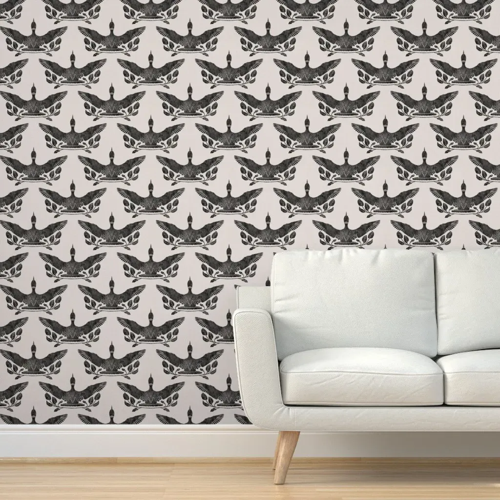 Flying Loon With Foliage Block Print Peel and Stick Wallpaper - Black product