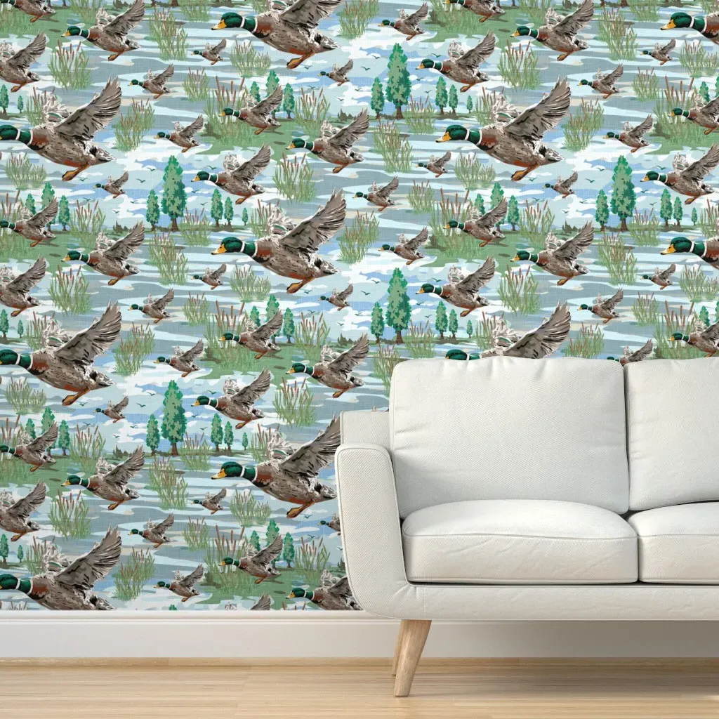 Flying Mallard Birds Lakeside Migration Peel and Stick Wallpaper - Brown, Emerald Green product