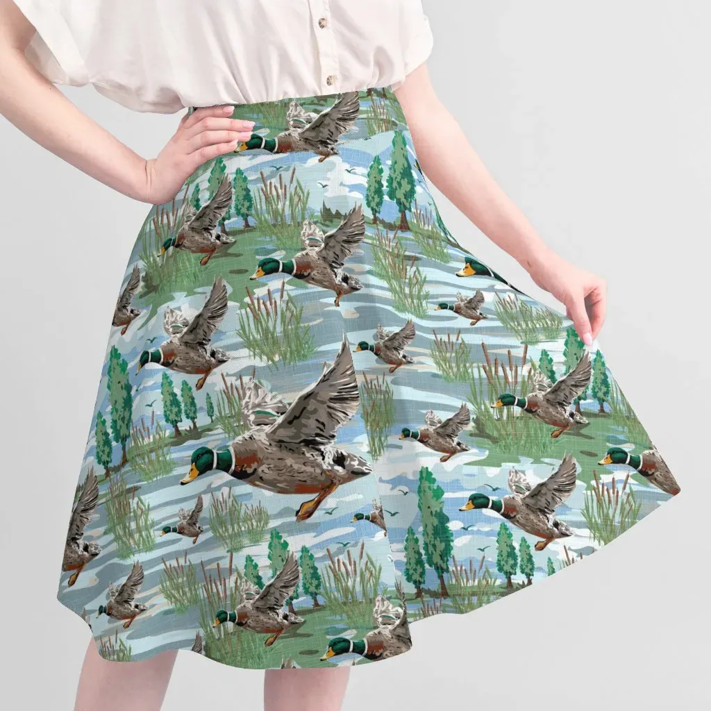 Flying Mallard Birds Lakeside Migration Scene Fabric - Brown alternate view
