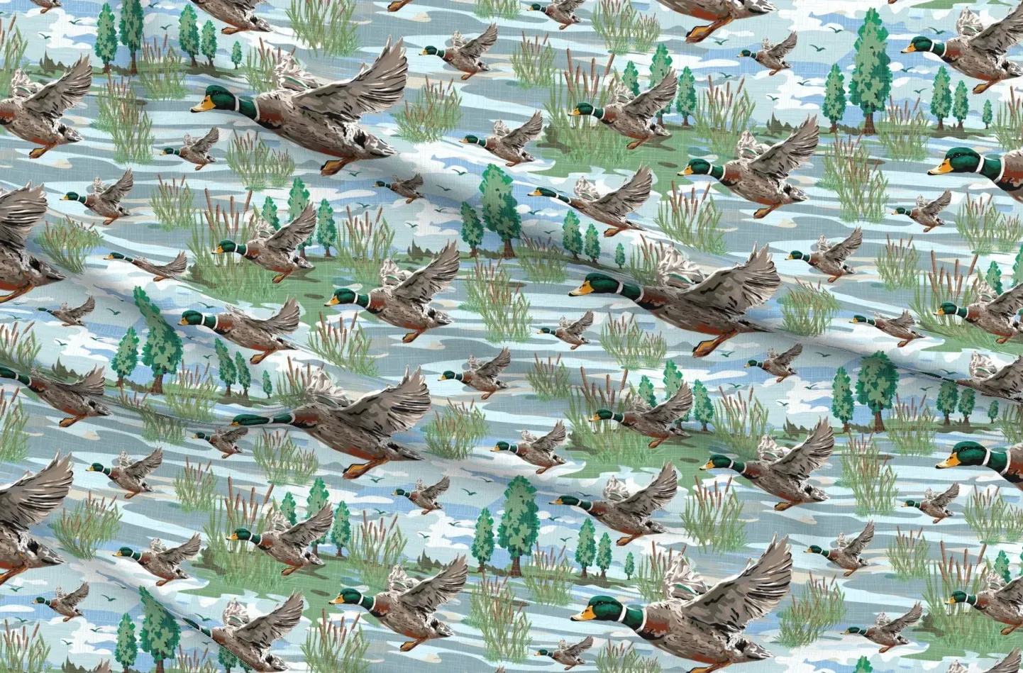 Flying Mallard Birds Lakeside Migration Scene Fabric - Brown product