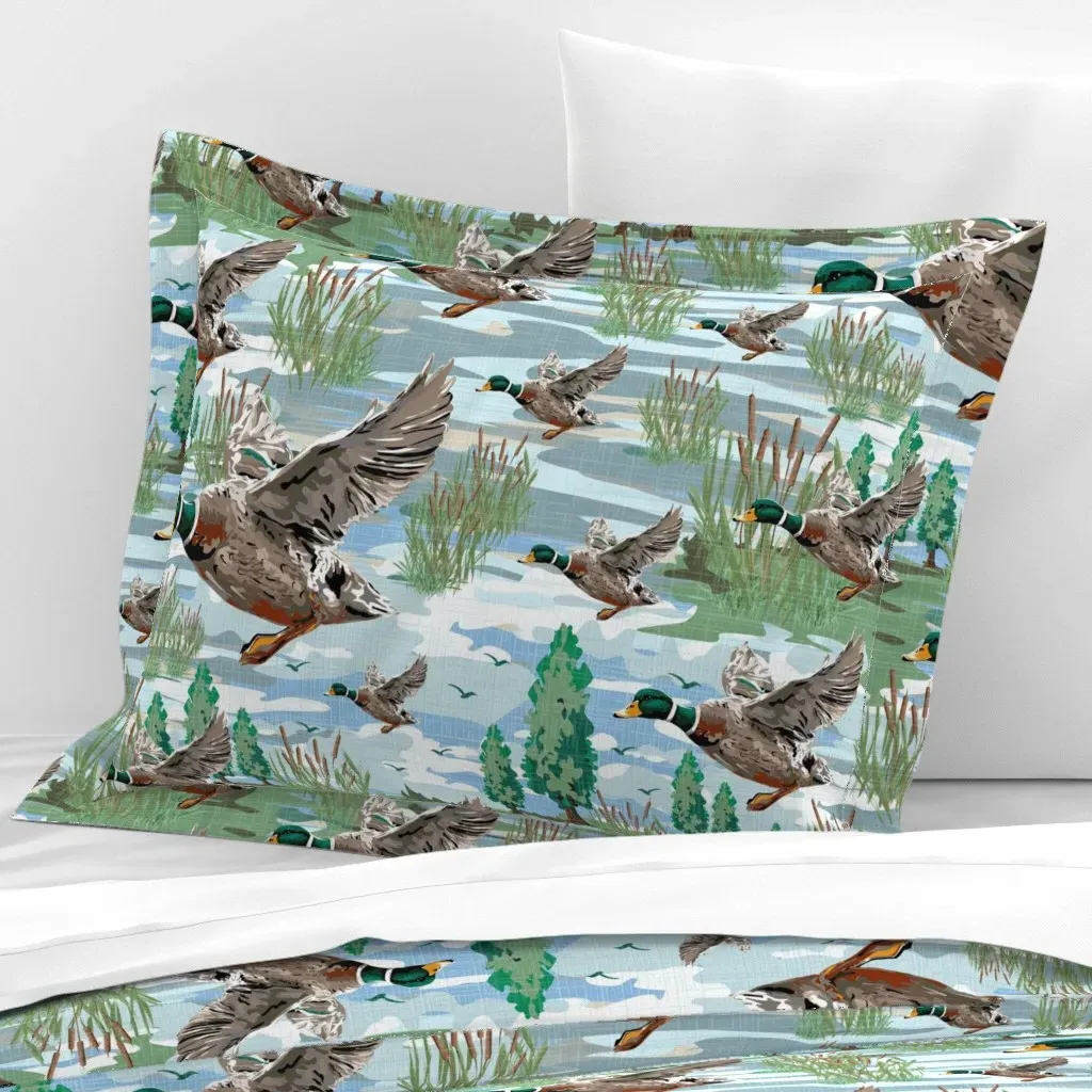 Flying Mallard Migrating Ducks Standard Flanged Cushion - Brown, Cotton Sateen product