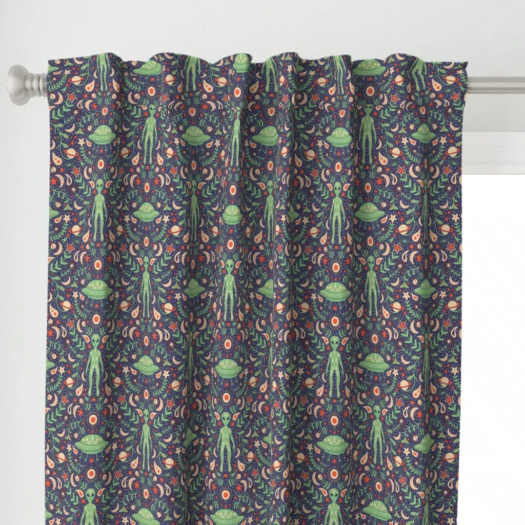 Folk Art Alien in Teal Curtain Panel - Green alternate view