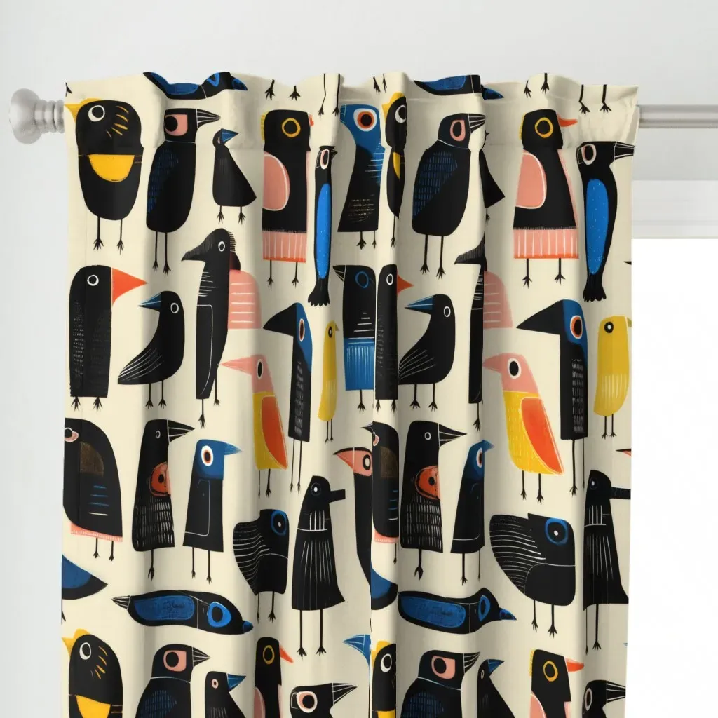 Folk Art Birds Curtain Panel - Black alternate view