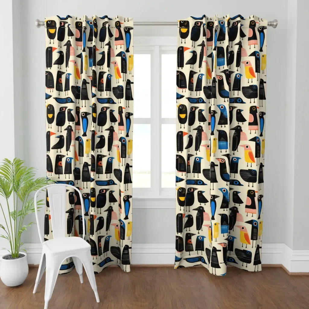 Folk Art Birds Curtain Panel - Black product