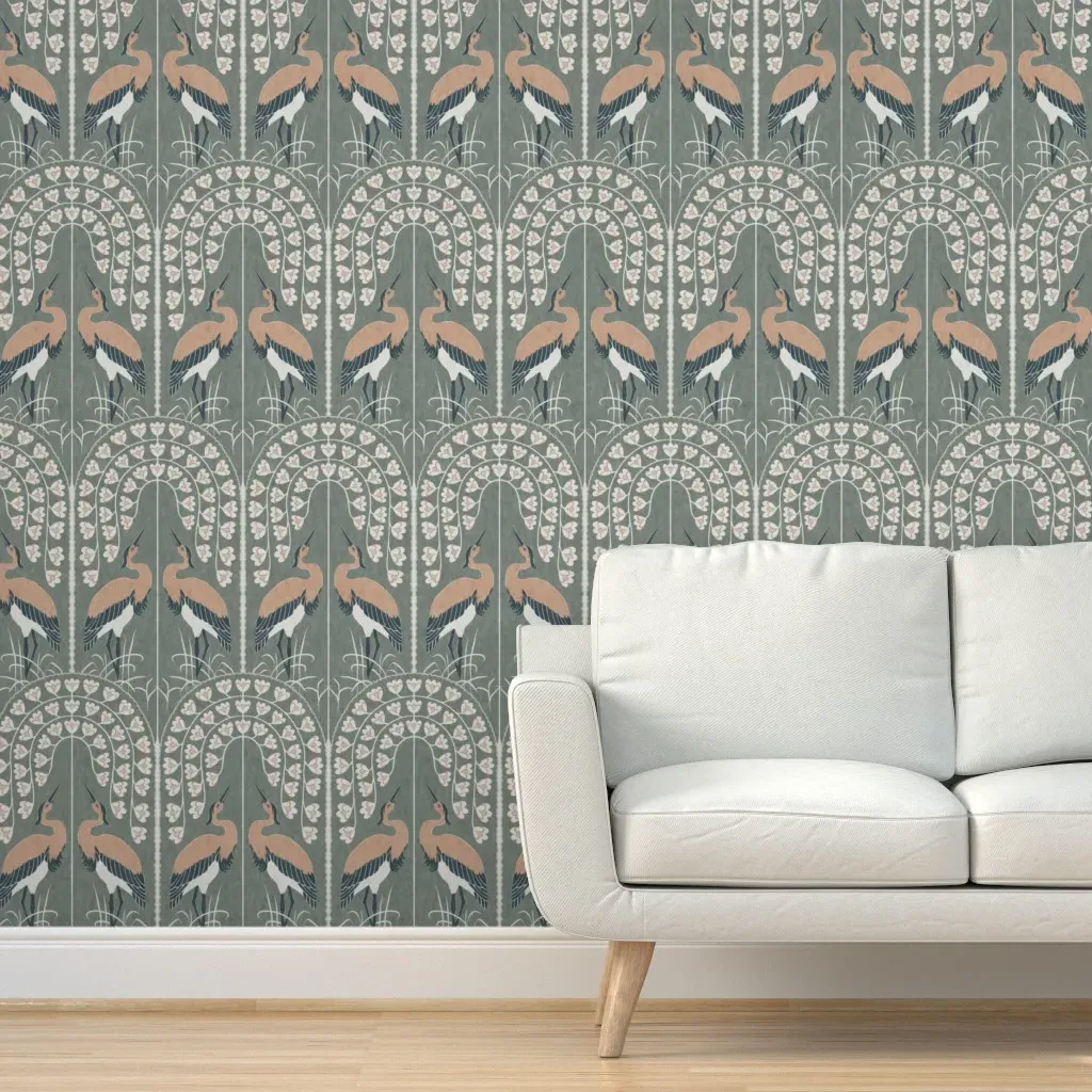 Folk Art Cranes Peel and Stick Wallpaper - Dusty Rose product