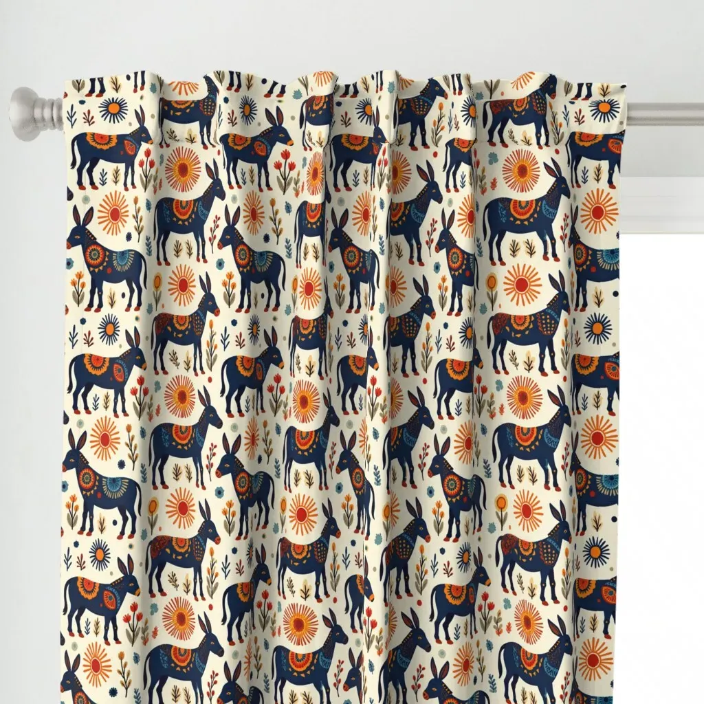 Folk Art Donkeys Curtain Panel - Blue alternate view