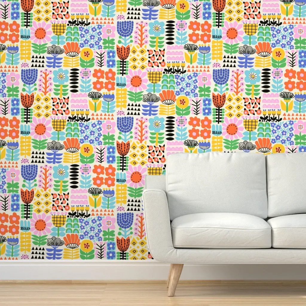 Folk Art Flowers Peel and Stick Wallpaper - Orange product