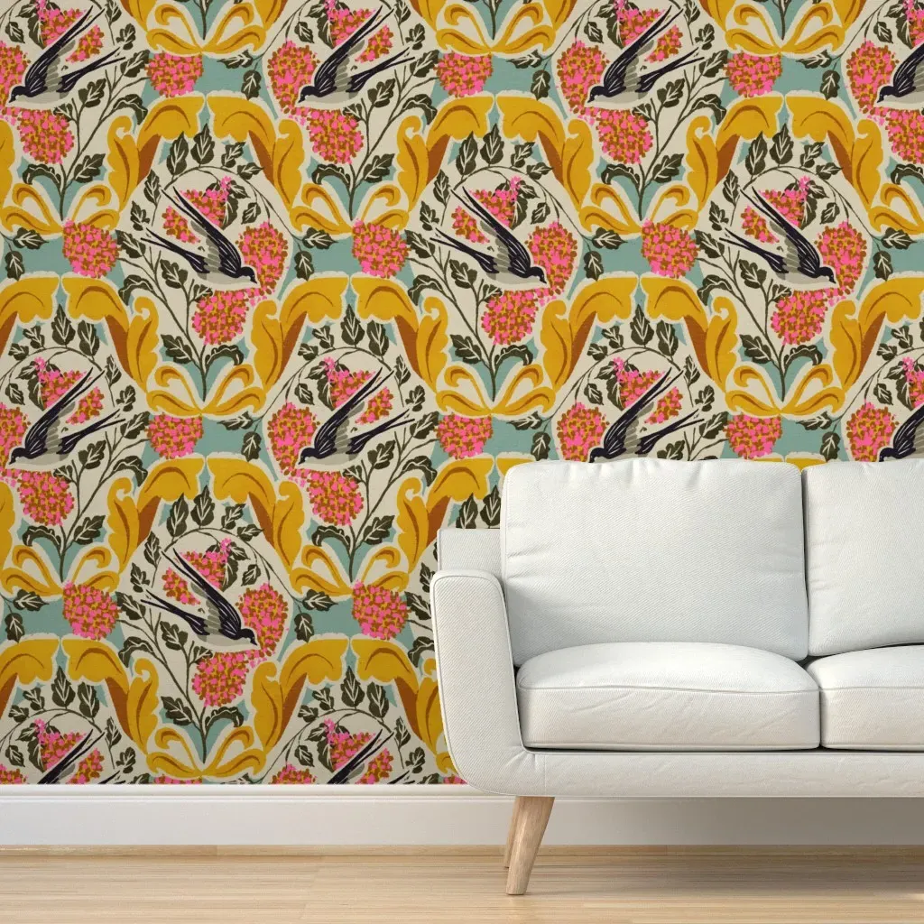 Folk Bird Floral Damask Peel and Stick Wallpaper - Mustard Yellow product