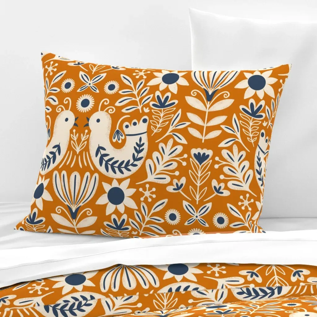 Folk Birds Floral Standard Knife Edge Cushion - Orange, Cotton product
