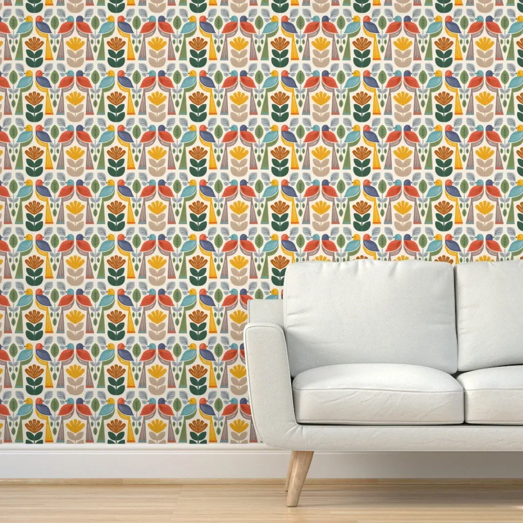 Folk Birds Harvest Peel and Stick Wallpaper - Orange-Red product